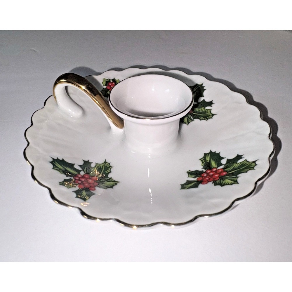 RARE Vtg 7945 Lefton China Holly Berry Taper Candle Holder Christmas Decor HTF!